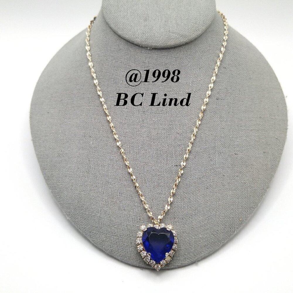 Vintage Blue Heart Pendant Necklace, Signed BC Lind 1998, Clear Rhinestones, 17"